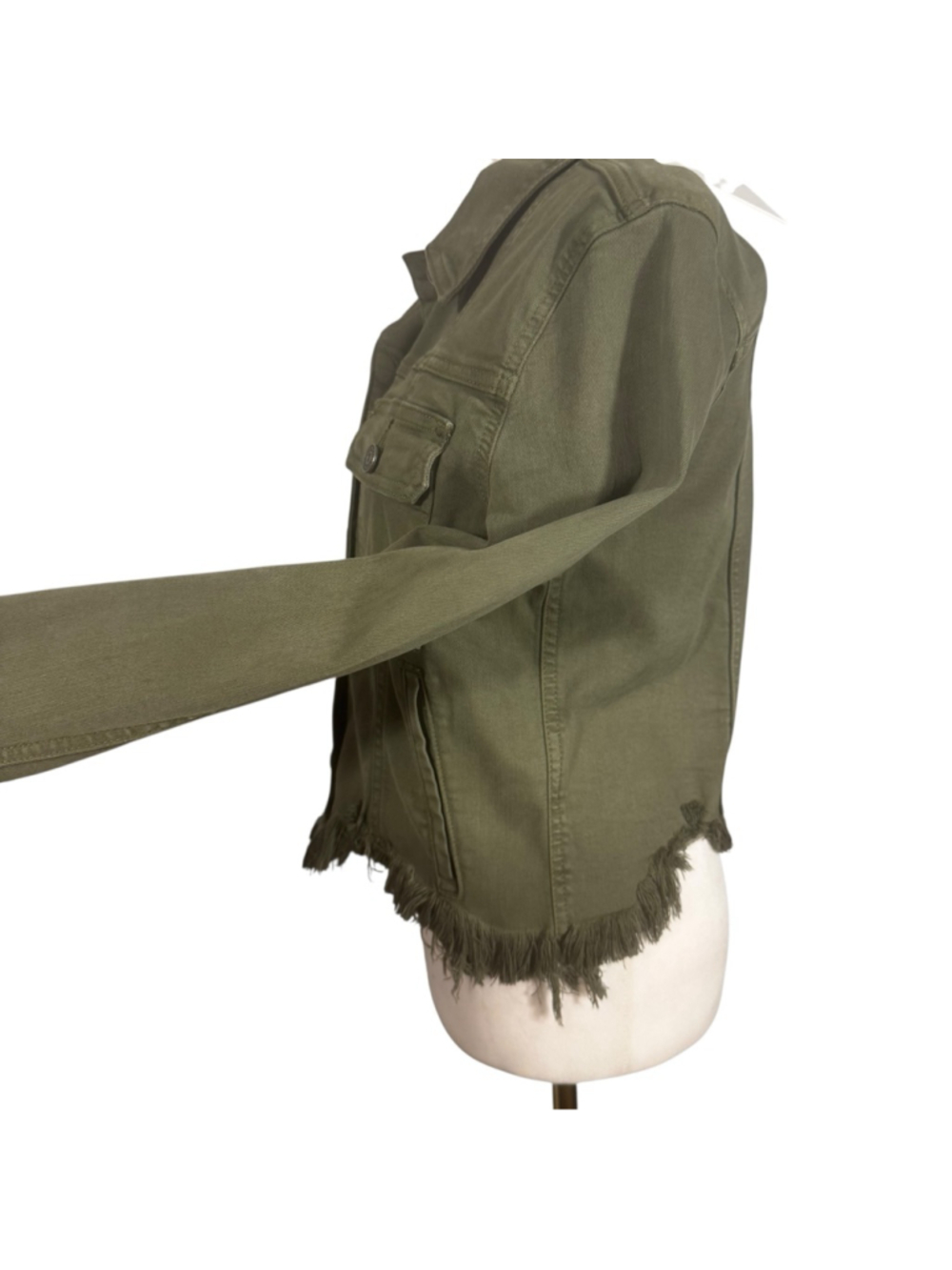 Size M Hidden Military Green Distressed Fringe Button Cropped Jean Jacket - Picture 6 of 10